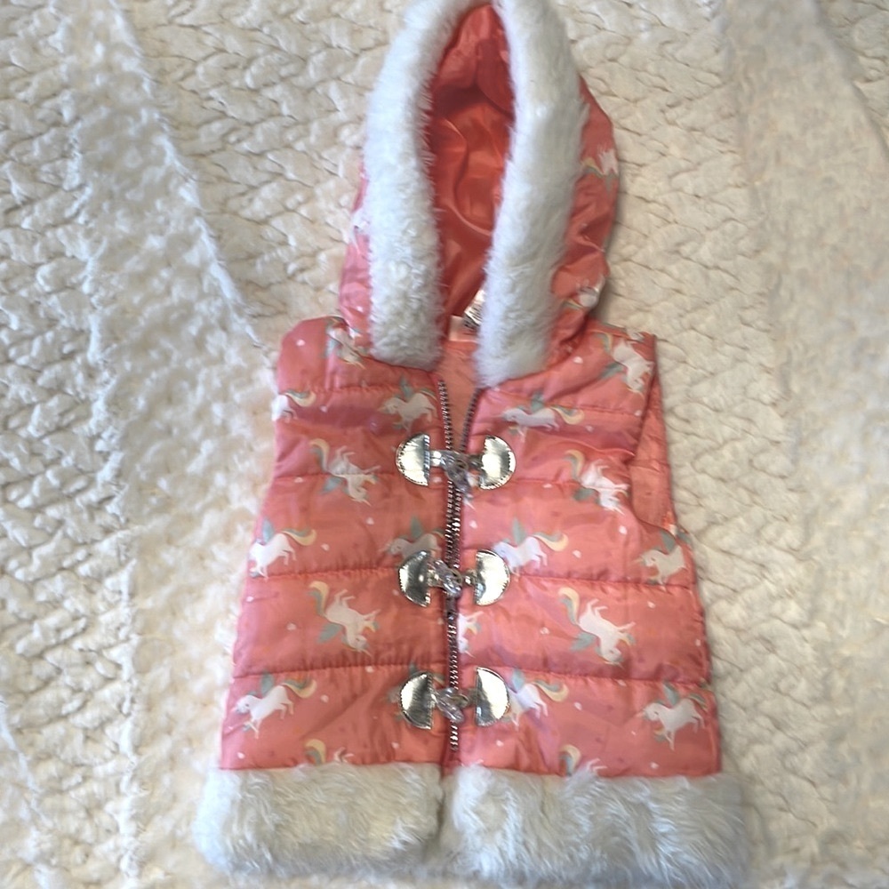 LITTLE LASS unicorn hooded puffer vest toddler girls faux fur trim zipped 3T